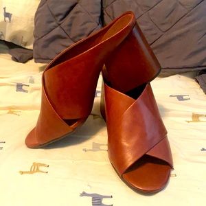 Chocolate Blu crisscross block heels